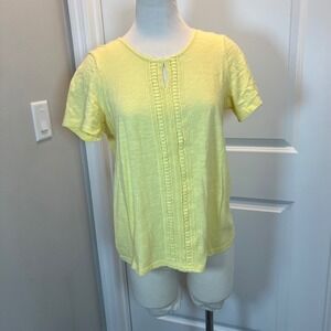 Coral Bay Petite Women Yellow Short Sleeve Keyhole Neck Embellished T Shirt PM
